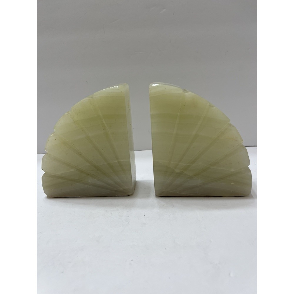 Vintage MCM Onyx Bookends Fan/Shell Set Of 2 Cream Heavy Art Deco   5" 5.9 Lbs